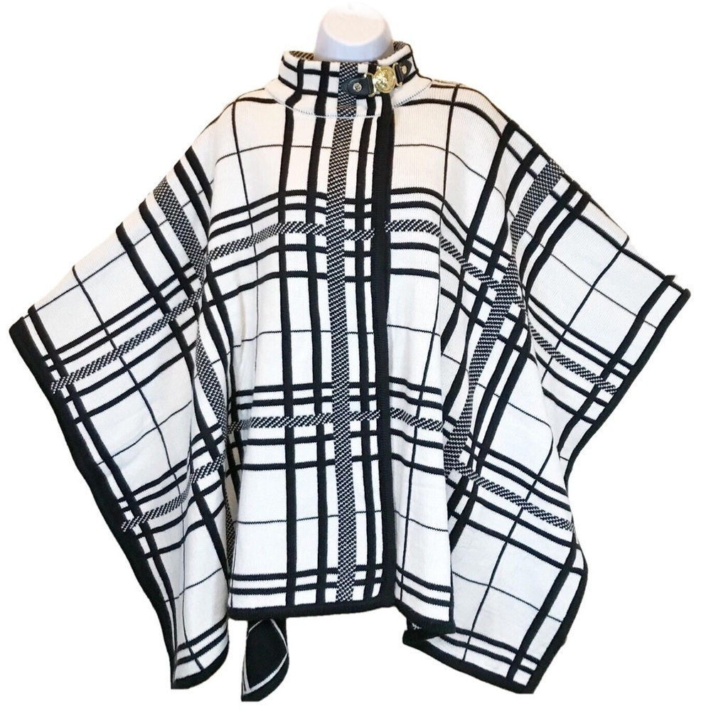 *NWOT ANNE KLEIN GOLD LION HEAD CLOSURE WRAP SWEATER PONCHO, SZ XL, BLACK/WHITE